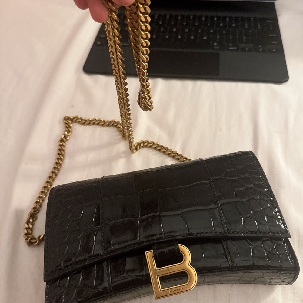 Balenciaga Black and Gold Croc-Embossed Clutch - Picture 3 of 6
